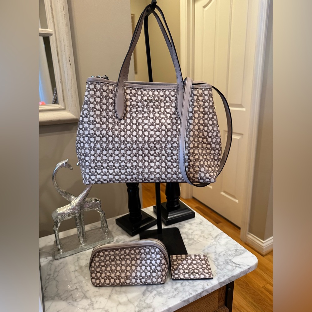Kate Spade - 3 Piece Bundle - Gray/Taupe/White Tote Cosmetic Case & Card Holder